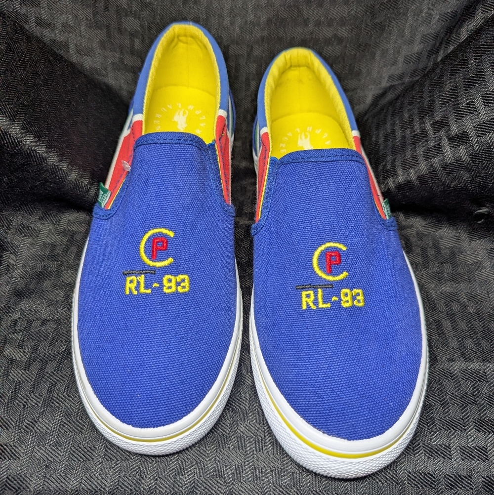 Blue And Yellow Ralph Lauren Polo Slip-On Sneakers with Embroidered RL-93 Logo.